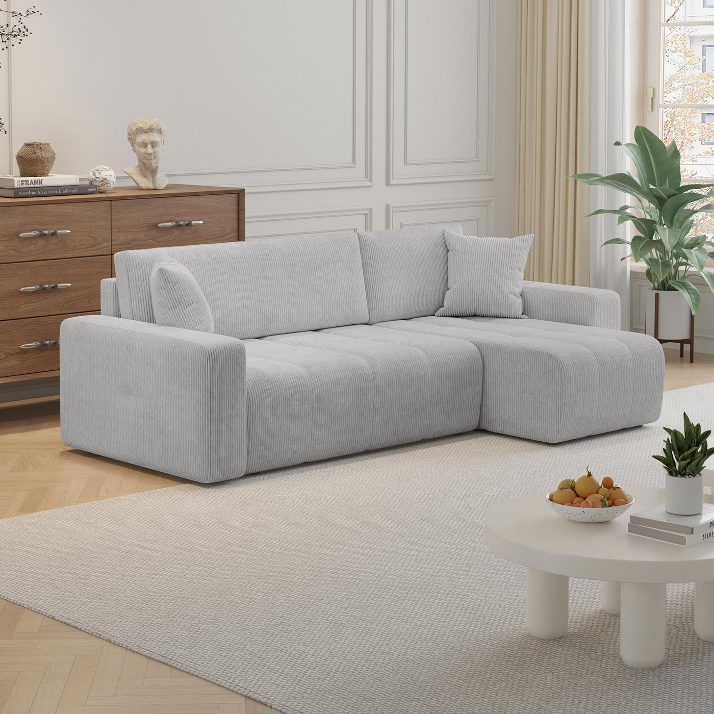 ALICIA MINI Canapé d'angle convertible et réversible avec coffre en velours côtelé gris clair - Canapé d'angle convertible - Mobilier Deco