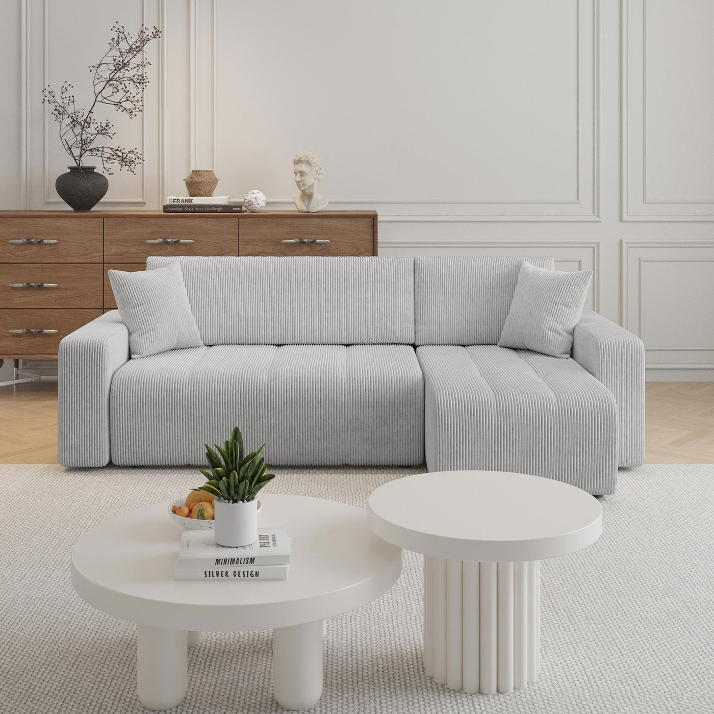 ALICIA MINI Canapé d'angle convertible et réversible avec coffre en velours côtelé gris clair - Canapé d'angle convertible - Mobilier Deco