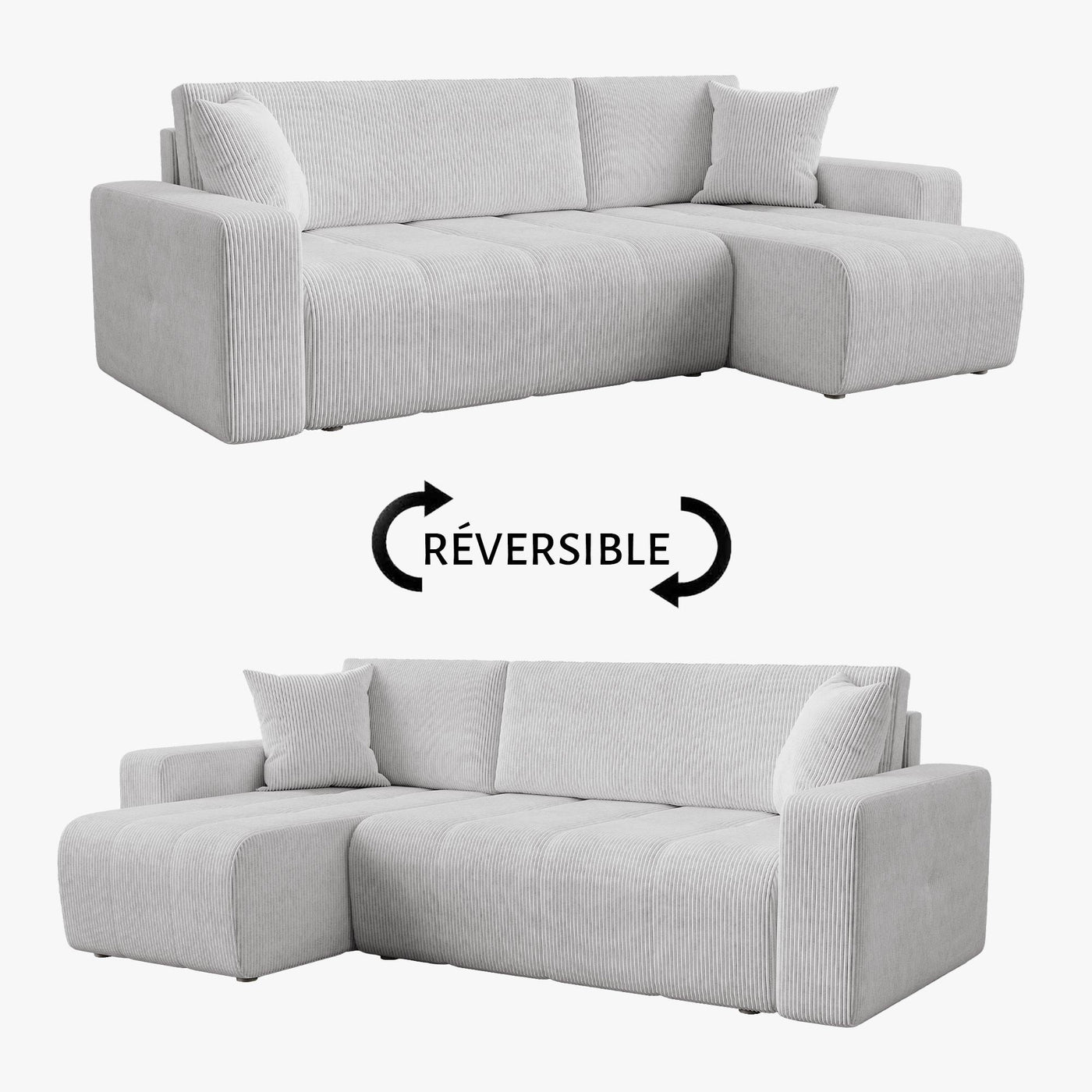 ALICIA MINI Canapé d'angle convertible et réversible avec coffre en velours côtelé gris clair - Canapé d'angle convertible - Mobilier Deco