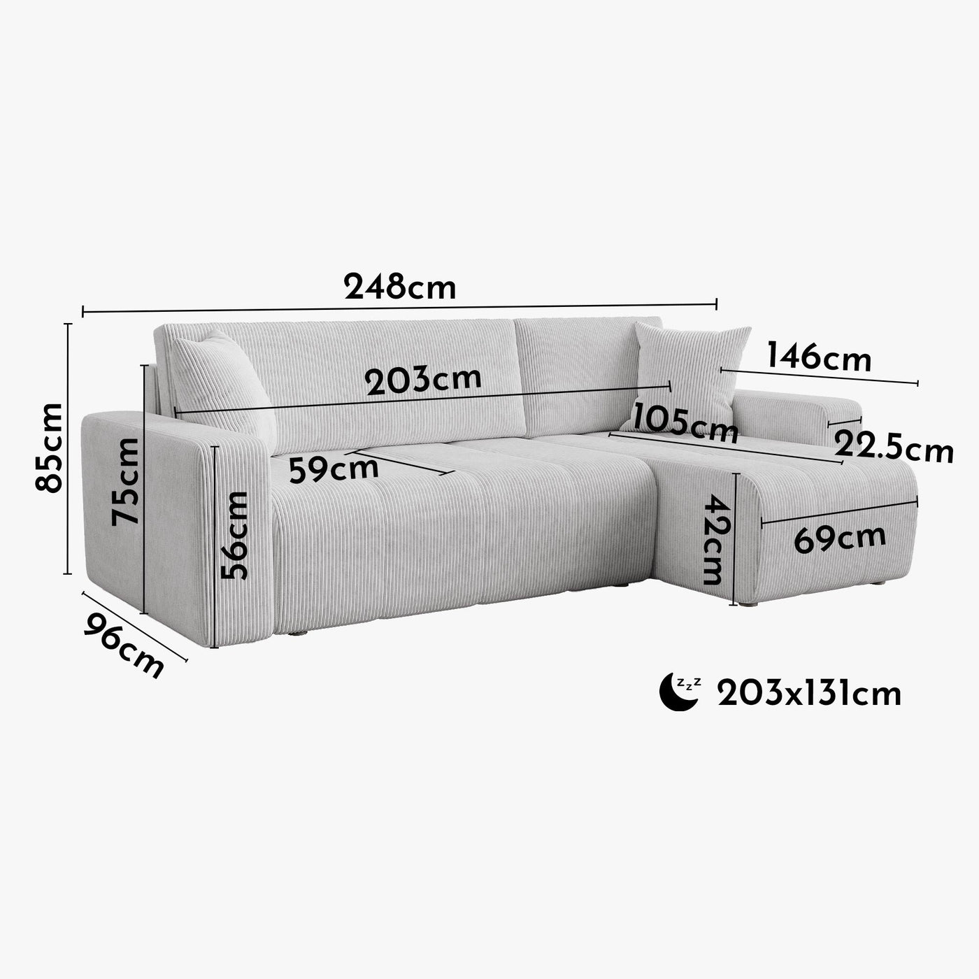 ALICIA MINI Canapé d'angle convertible et réversible avec coffre en velours côtelé gris clair - Canapé d'angle convertible - Mobilier Deco