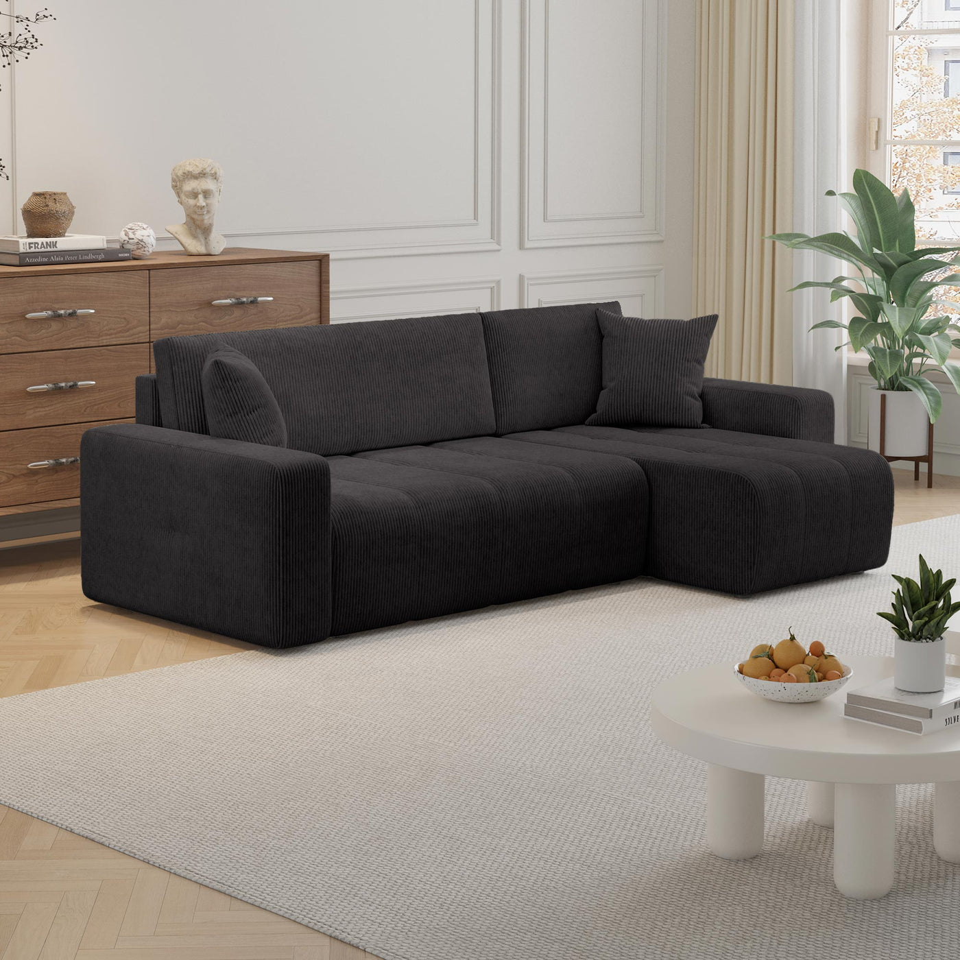 ALICIA MINI Canapé d'angle convertible et réversible avec coffre en velours côtelé gris foncé - Canapé d'angle convertible