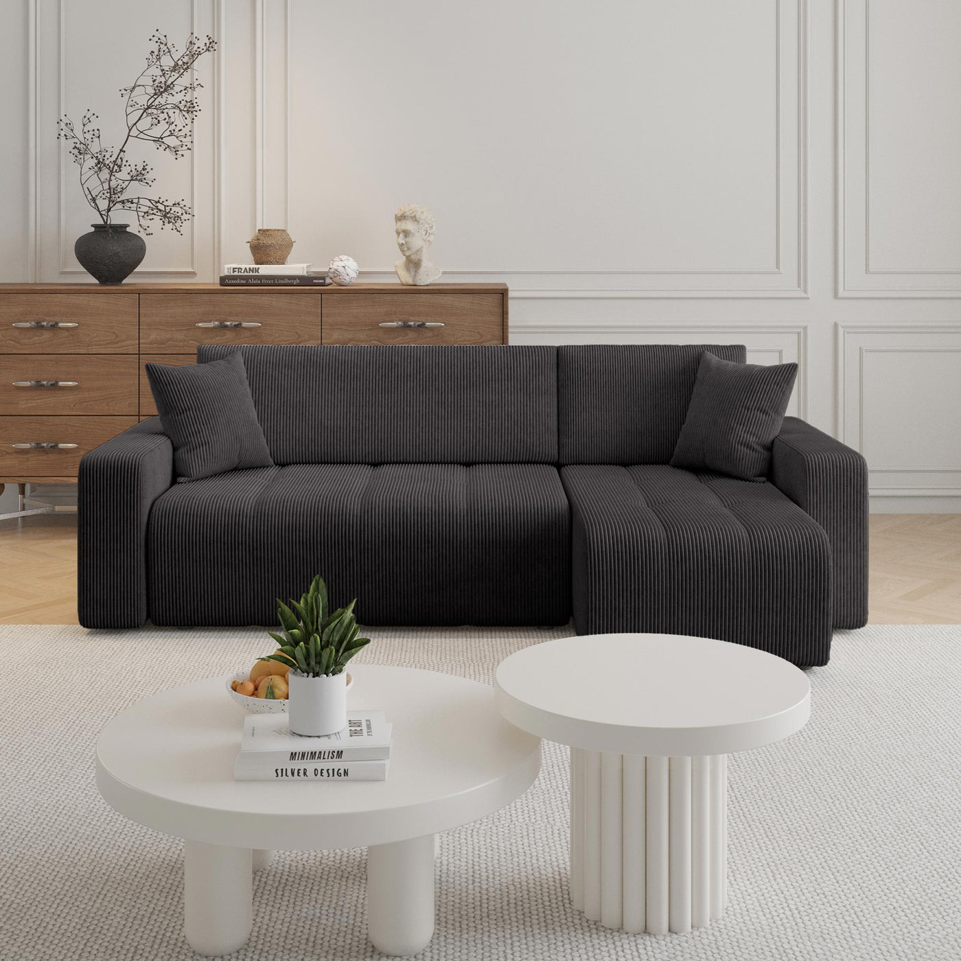 ALICIA MINI Canapé d'angle convertible et réversible avec coffre en velours côtelé gris foncé - Canapé d'angle convertible
