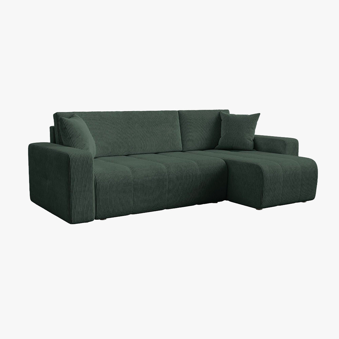 ALICIA MINI Canapé d'angle convertible et réversible avec coffre en velours côtelé vert - Canapé d'angle convertible - Mobilier Deco
