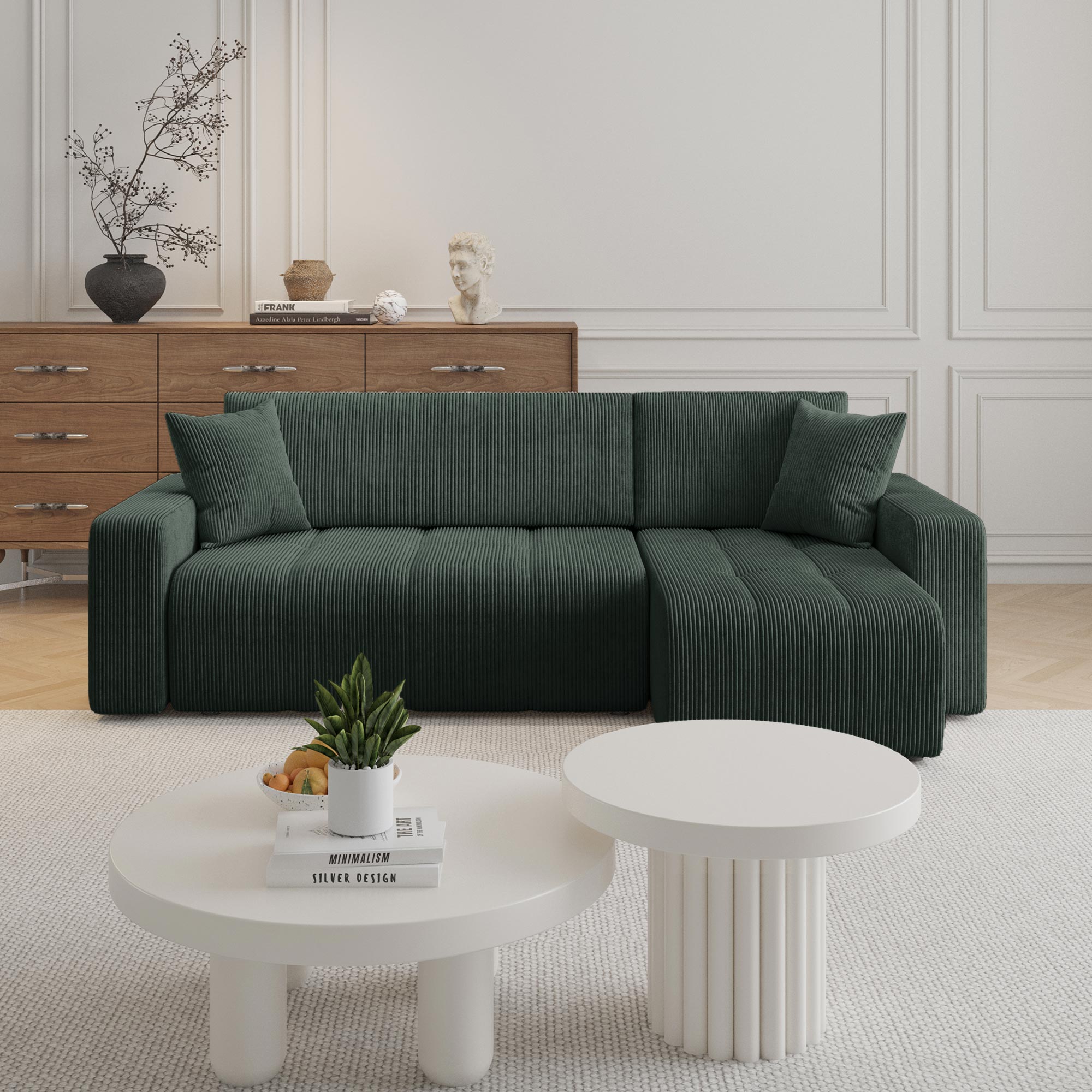 ALICIA MINI Canapé d'angle convertible et réversible avec coffre en velours côtelé vert - Canapé d'angle convertible - Mobilier Deco