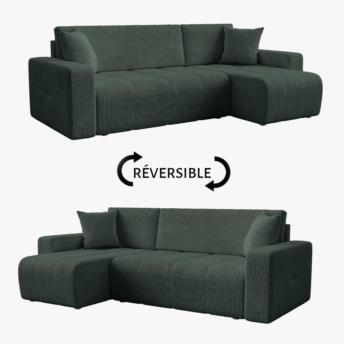 ALICIA MINI Canapé d'angle convertible et réversible avec coffre en velours côtelé vert - Canapé d'angle convertible - Mobilier Deco