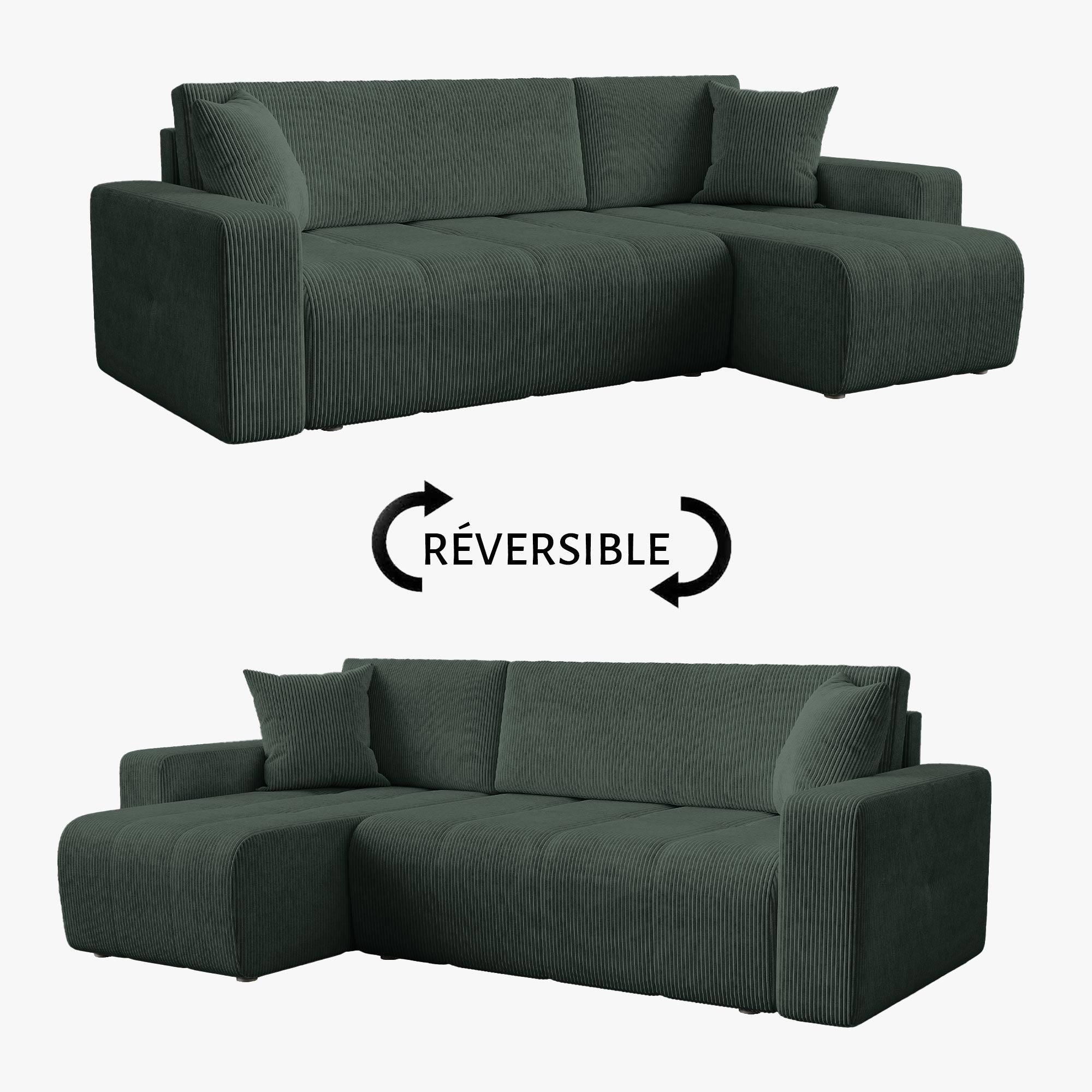 ALICIA MINI Canapé d'angle convertible et réversible avec coffre en velours côtelé vert - Canapé d'angle convertible - Mobilier Deco