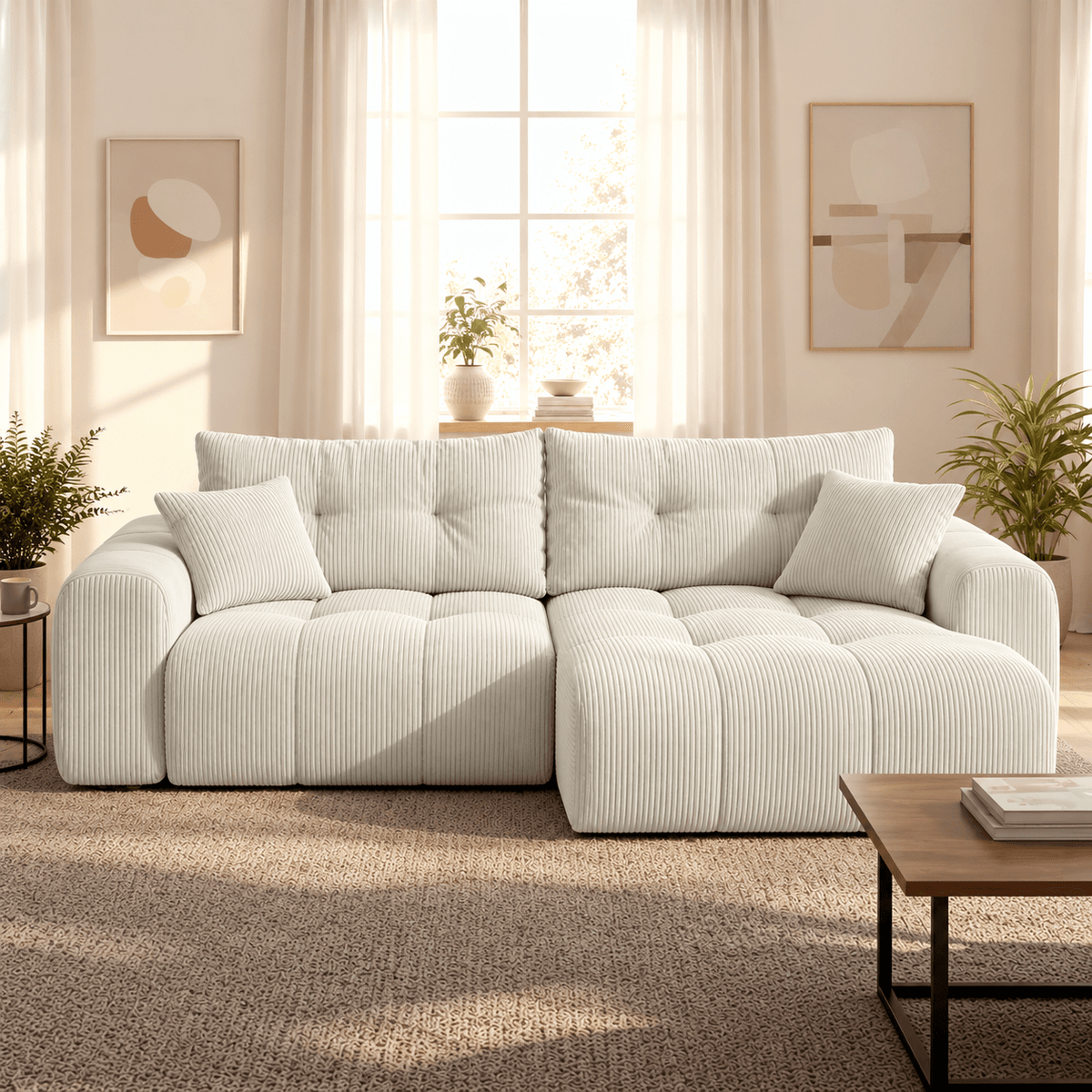 ALYA Canapé d'angle convertible et réversible avec coffre en velours côtelé beige - Canapé d'angle convertible - Mobilier Deco