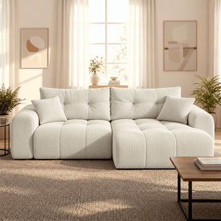 ALYA Canapé d'angle convertible et réversible avec coffre en velours côtelé beige