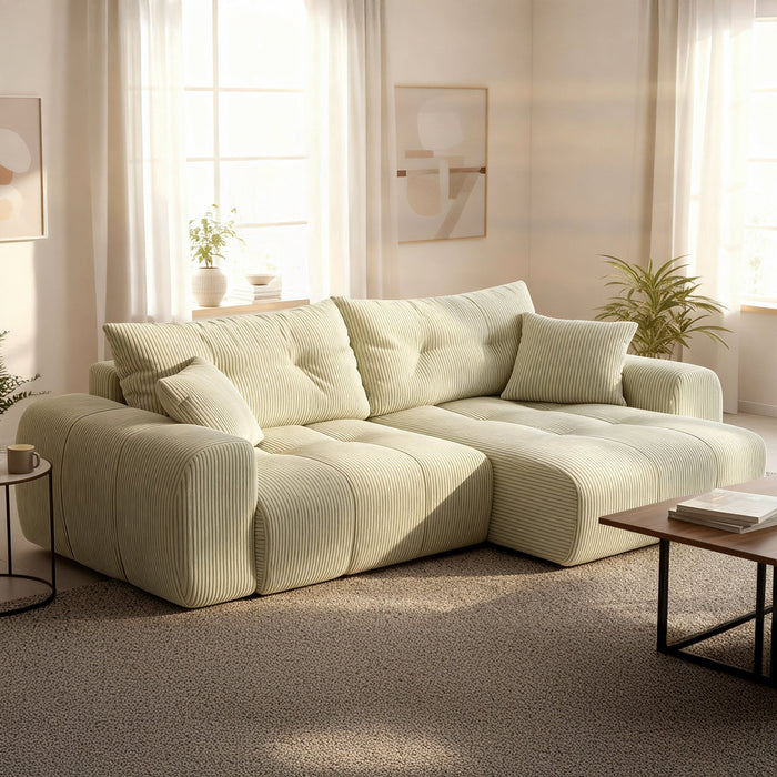 ALYA Canapé d'angle convertible et réversible avec coffre en velours côtelé beige