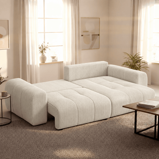 ALYA Canapé d'angle convertible et réversible avec coffre en velours côtelé beige