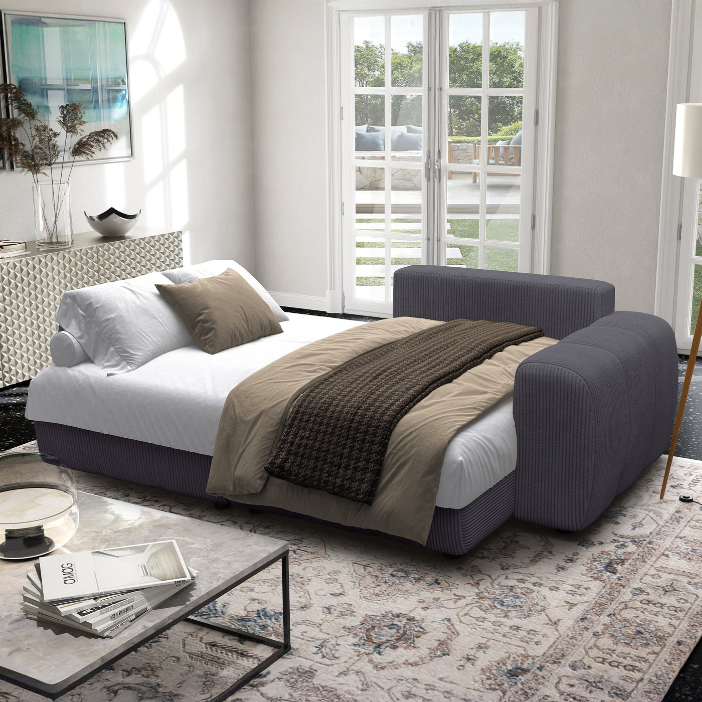 ALYA Canapé d'angle convertible et réversible avec coffre en velours côtelé gris foncé - Canapé d'angle convertible