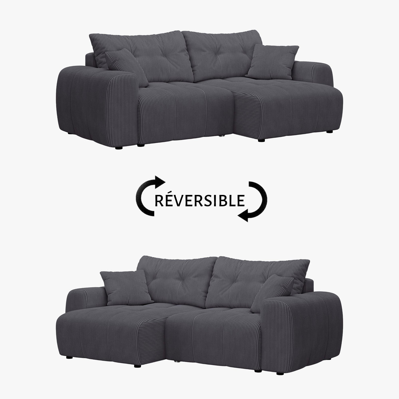 ALYA Canapé d'angle convertible et réversible avec coffre en velours côtelé gris foncé - Canapé d'angle convertible