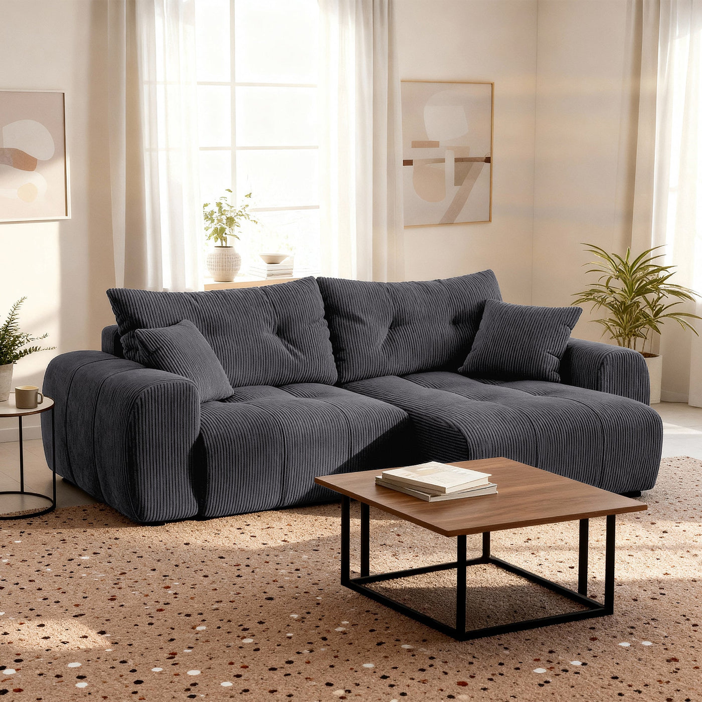 ALYA Canapé d'angle convertible et réversible avec coffre en velours côtelé gris foncé - Canapé d'angle convertible