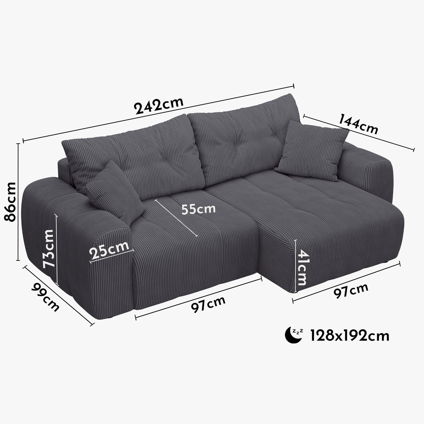 ALYA Canapé d'angle convertible et réversible avec coffre en velours côtelé gris foncé - Canapé d'angle convertible