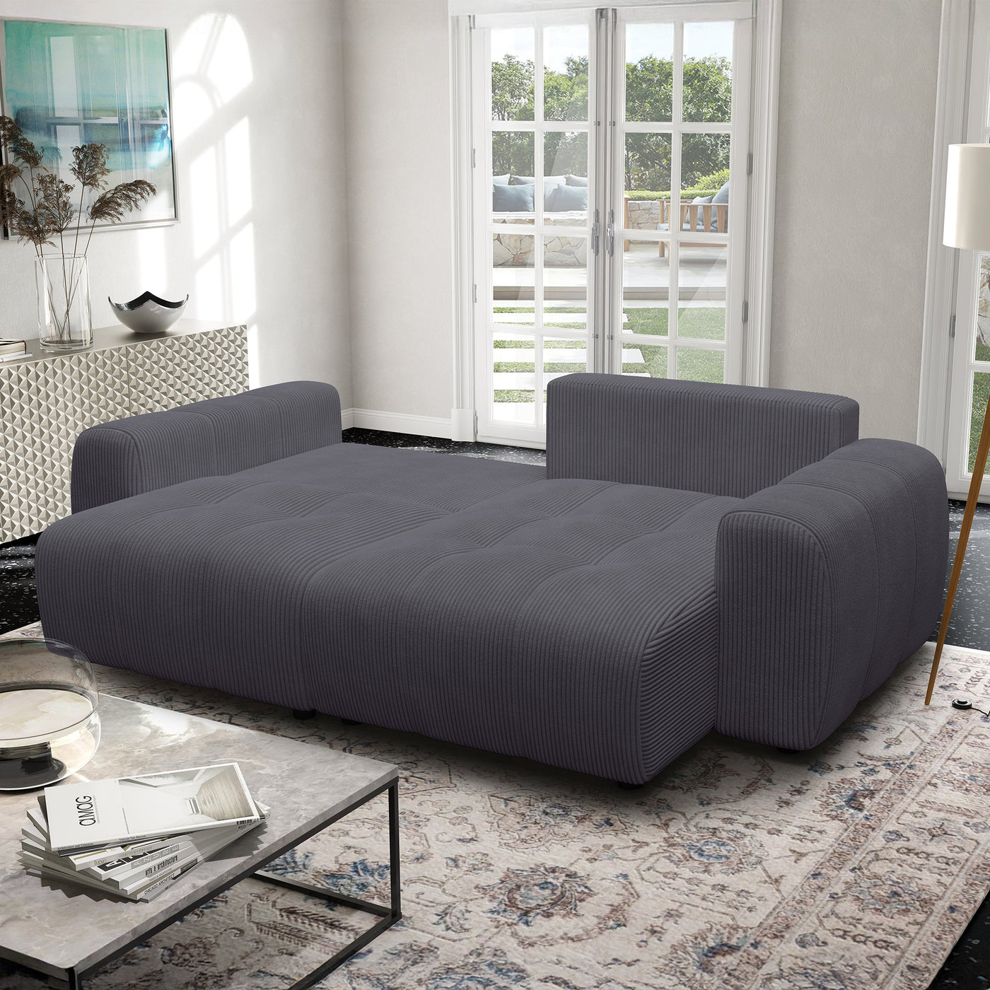 ALYA Canapé d'angle convertible et réversible avec coffre en velours côtelé gris foncé - Canapé d'angle convertible
