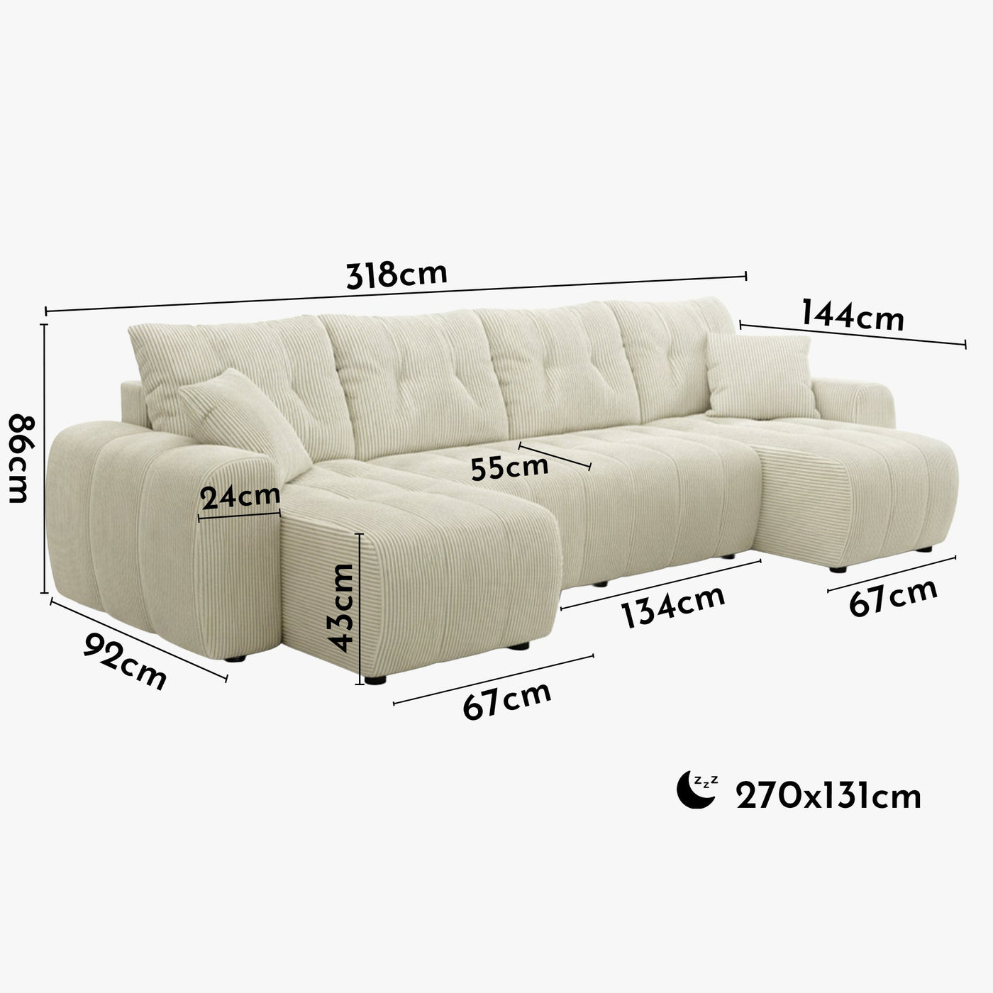 ALYA XL Canapé panoramique convertible avec coffre en velours côtelé beige - Canapés panoramiques - Mobilier Deco
