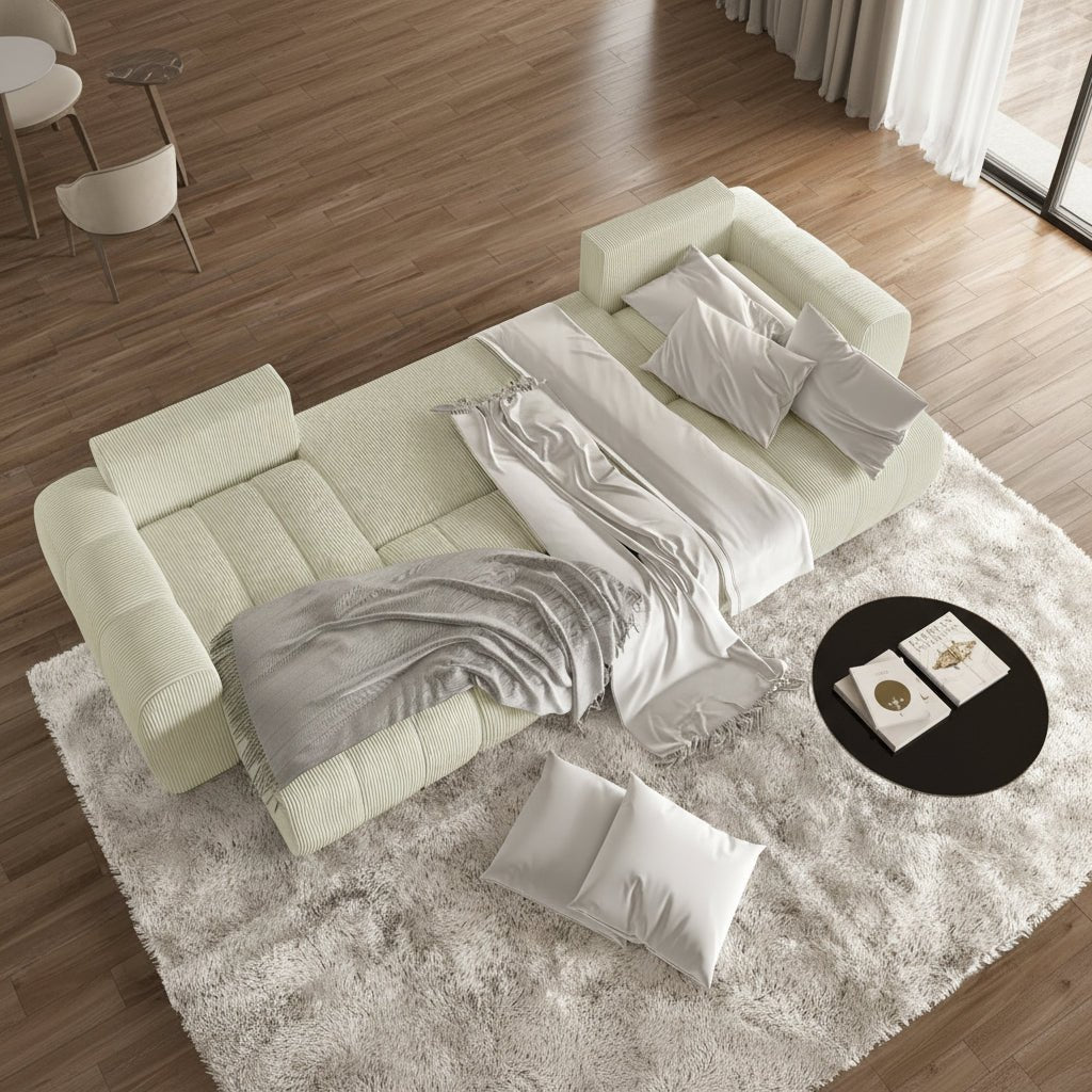 ALYA XL Canapé panoramique convertible avec coffre en velours côtelé beige - Canapés panoramiques - Mobilier Deco