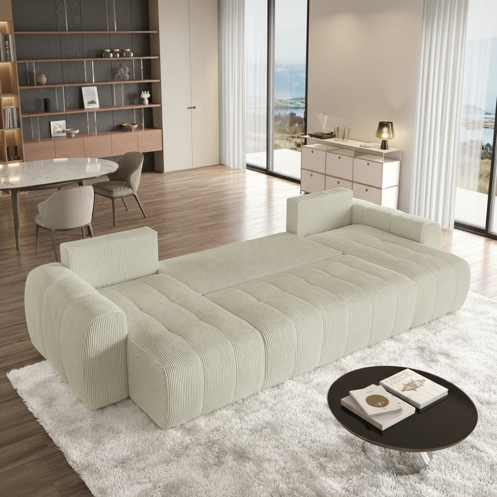 ALYA XL Canapé panoramique convertible avec coffre en velours côtelé beige - Canapés panoramiques - Mobilier Deco