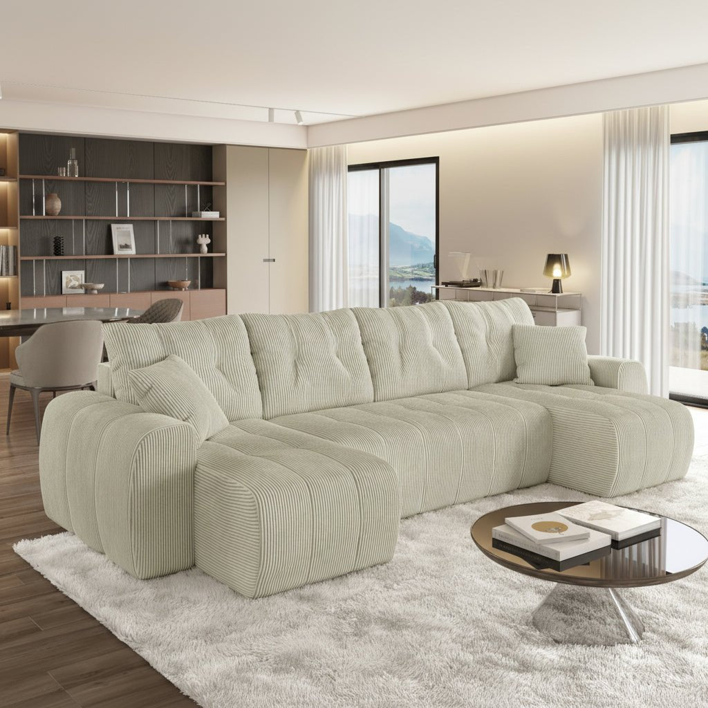 ALYA XL Canapé panoramique convertible avec coffre en velours côtelé beige - Canapés panoramiques - Mobilier Deco