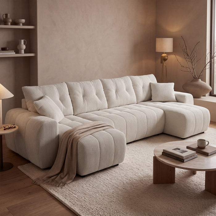 ALYA XL Canapé panoramique convertible avec coffre en velours côtelé beige – Canapés panoramiques Mobilier Deco