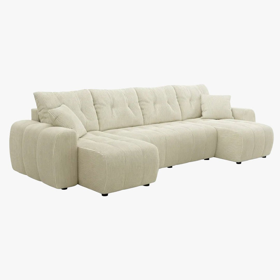 ALYA XL Canapé panoramique convertible avec coffre en velours côtelé beige — aperçu vidéo