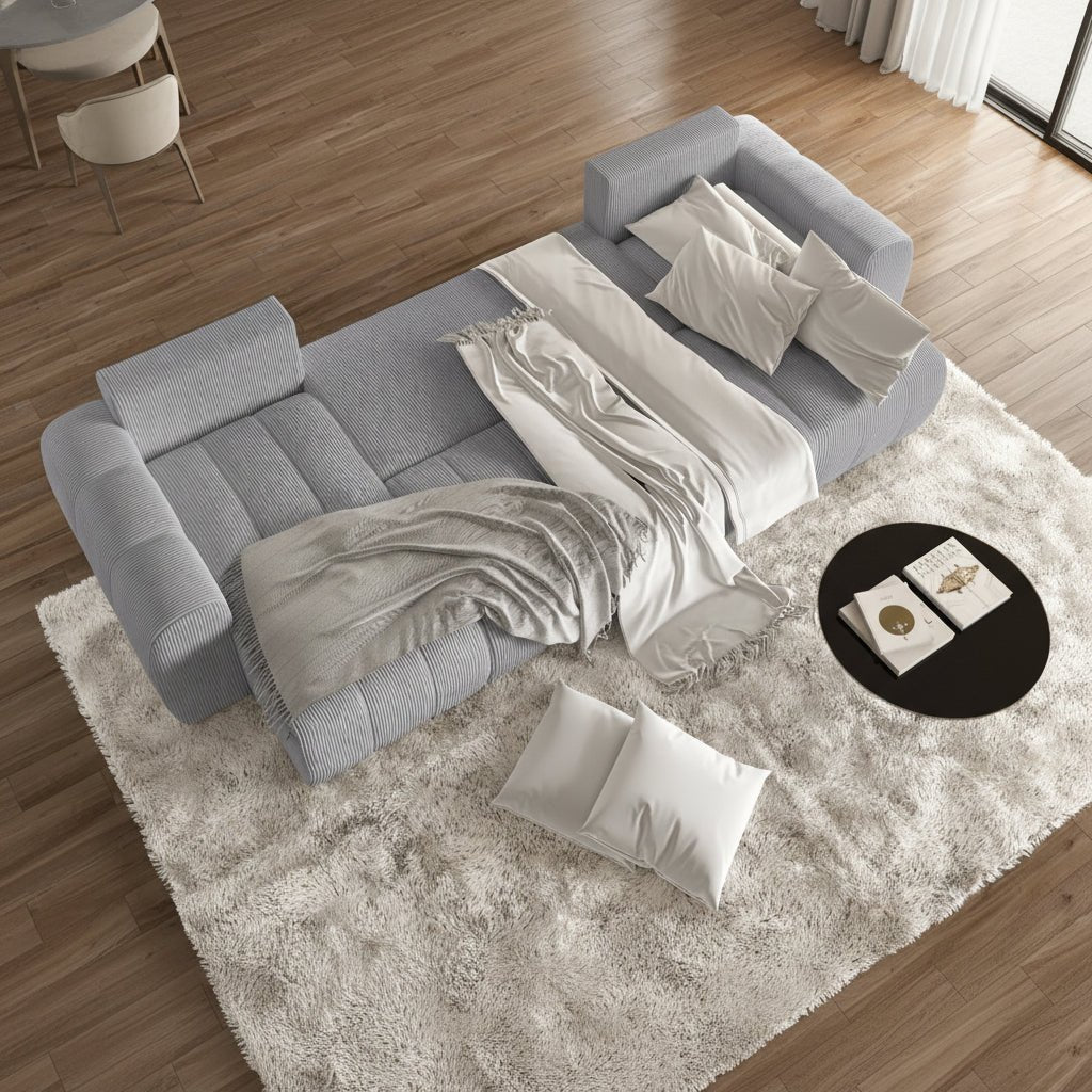 ALYA XL Canapé panoramique convertible avec coffre en velours côtelé gris clair - Canapés panoramiques - Mobilier Deco