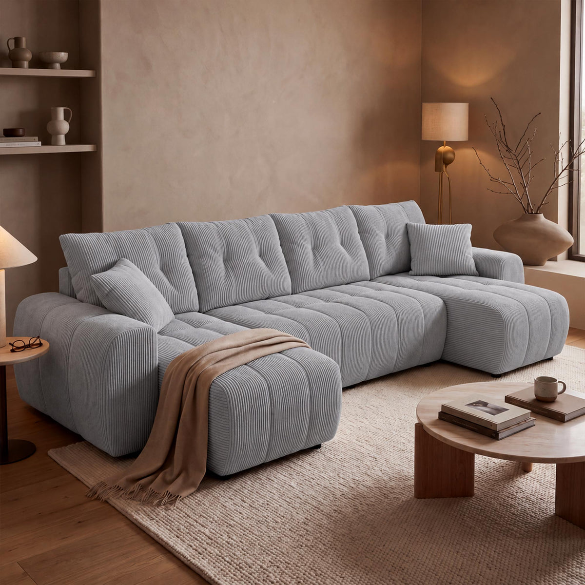 ALYA XL Canapé panoramique convertible avec coffre en velours côtelé gris clair - Canapés panoramiques - Mobilier Deco