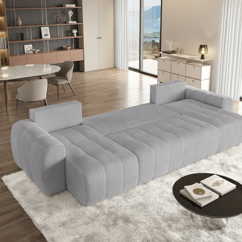 ALYA XL Canapé panoramique convertible avec coffre en velours côtelé gris clair - Canapés panoramiques - Mobilier Deco
