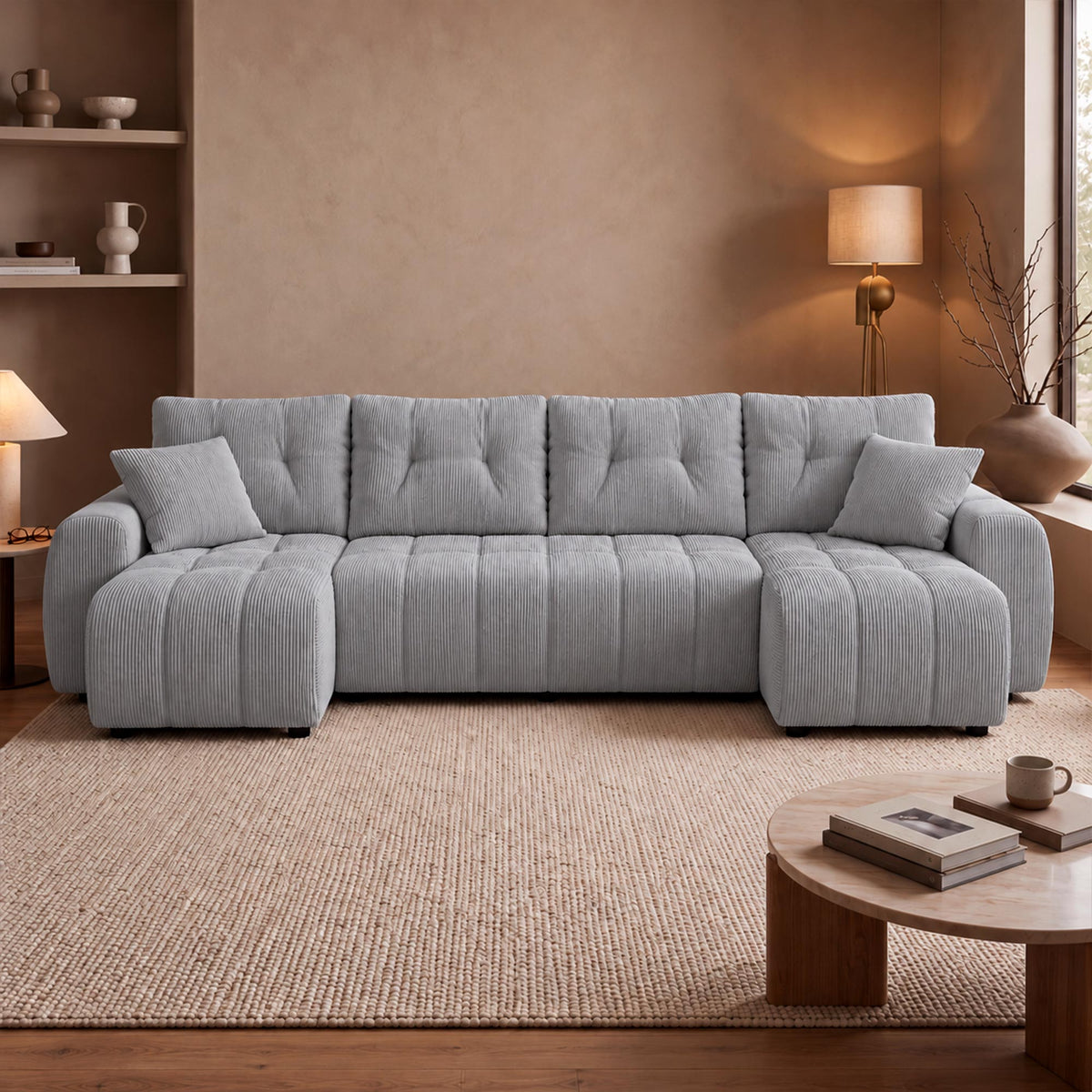 ALYA XL Canapé panoramique convertible avec coffre en velours côtelé gris clair - Canapés panoramiques - Mobilier Deco