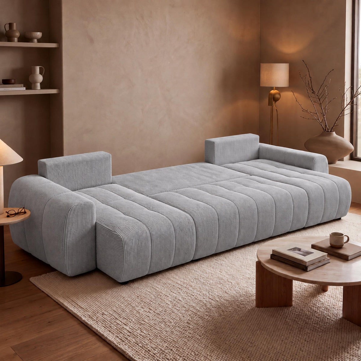 ALYA XL Canapé panoramique convertible avec coffre en velours côtelé gris clair - Canapés panoramiques - Mobilier Deco