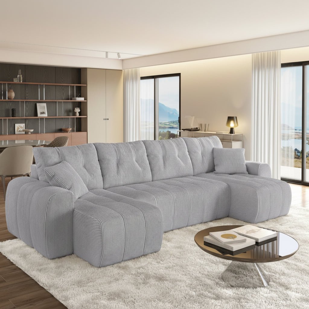 ALYA XL Canapé panoramique convertible avec coffre en velours côtelé gris clair - Canapés panoramiques - Mobilier Deco
