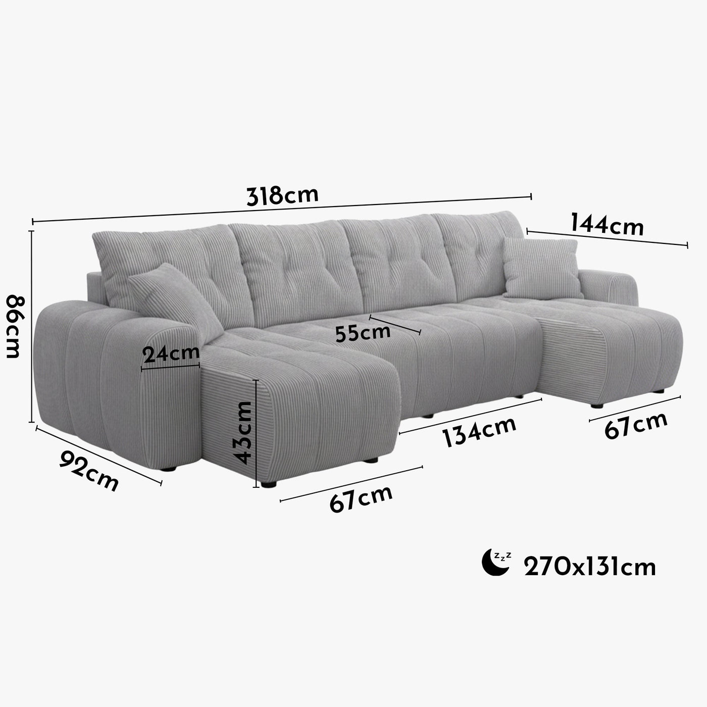 ALYA XL Canapé panoramique convertible avec coffre en velours côtelé gris clair - Canapés panoramiques - Mobilier Deco