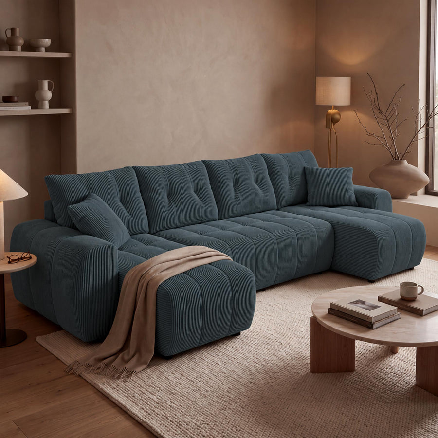 ALYA XL Canapé panoramique convertible avec coffre en velours côtelé gris foncé — aperçu vidéo