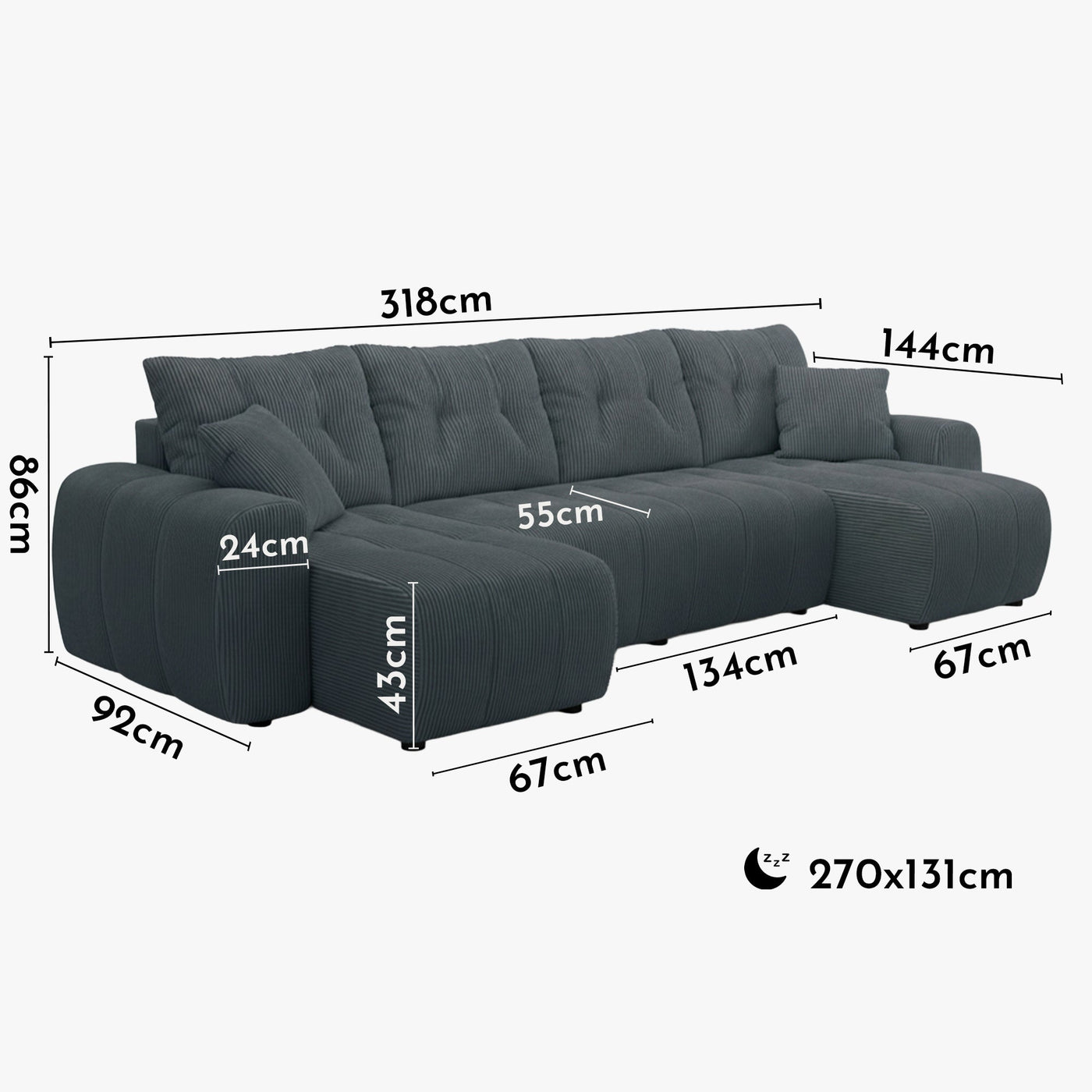 ALYA XL Canapé panoramique convertible avec coffre en velours côtelé gris foncé - Canapés panoramiques - Mobilier Deco