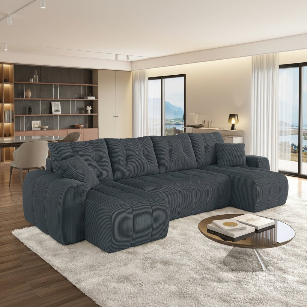 ALYA XL Canapé panoramique convertible avec coffre en velours côtelé gris foncé - Canapés panoramiques - Mobilier Deco