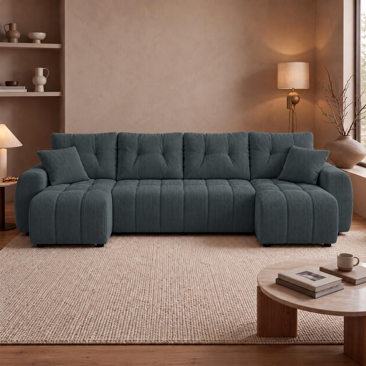 ALYA XL Canapé panoramique convertible avec coffre en velours côtelé gris foncé - Canapés panoramiques - Mobilier Deco