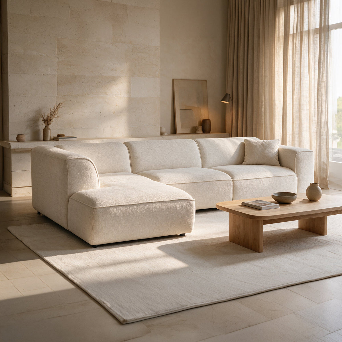 AMANDA Canapé d'angle en tissu blanc écru avec détail métal noir - Angle gauche - Canapés d'angle - Mobilier Deco