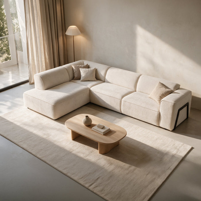 AMANDA Canapé d'angle en tissu blanc écru avec détail métal noir - Angle gauche – Canapés d'angle Mobilier Deco