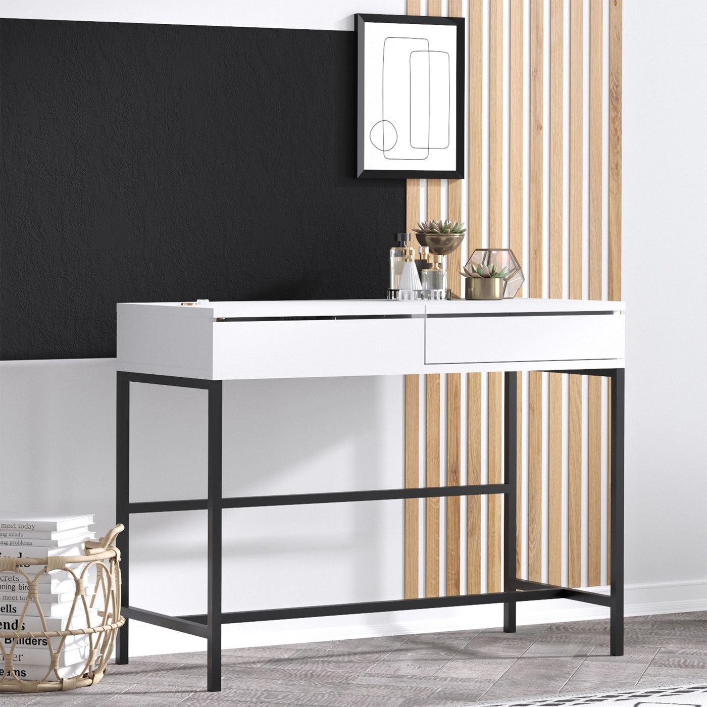 AMARIA Coiffeuse 1 tiroir avec miroir et rangement - Coiffeuse - Mobilier Deco