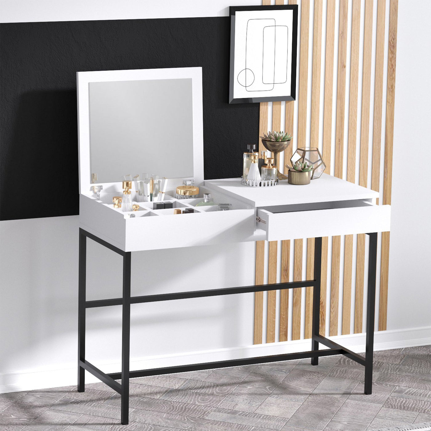 AMARIA Coiffeuse 1 tiroir avec miroir et rangement - Coiffeuse - Mobilier Deco