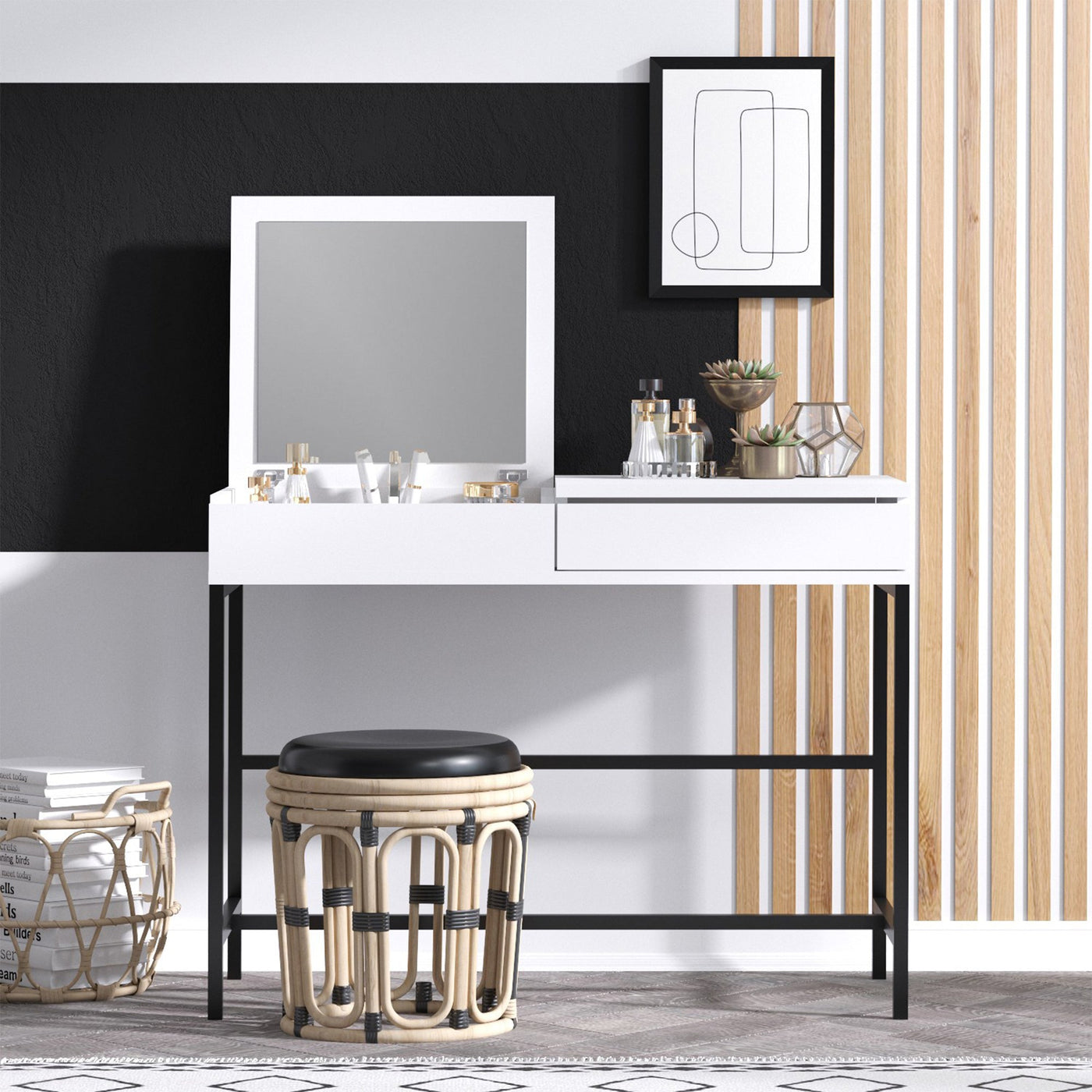 AMARIA Coiffeuse 1 tiroir avec miroir et rangement - Coiffeuse - Mobilier Deco