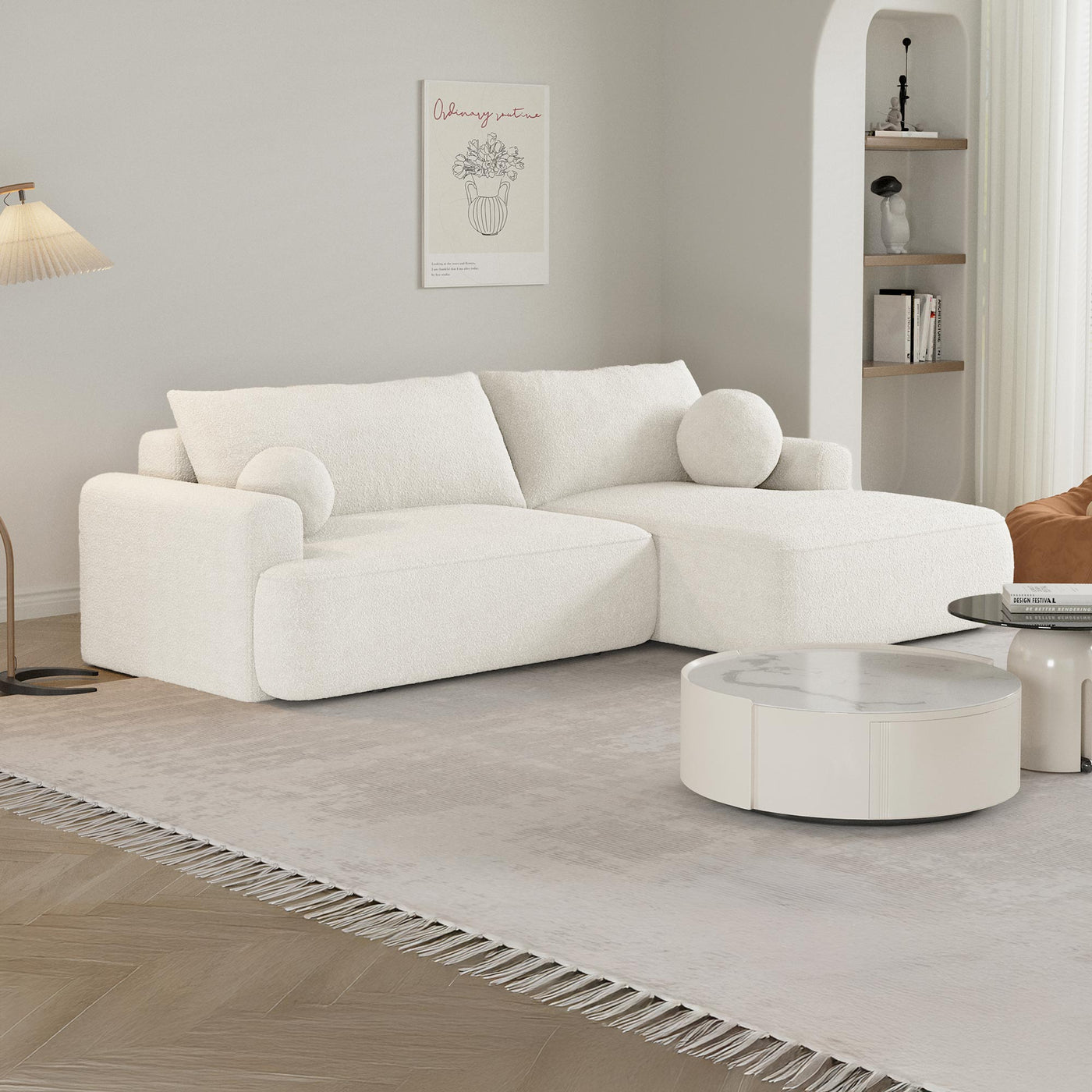 ANAIS Canapé d'angle convertible en tissu bouclette beige - Angle droit - Canapé d'angle convertible - Mobilier Deco