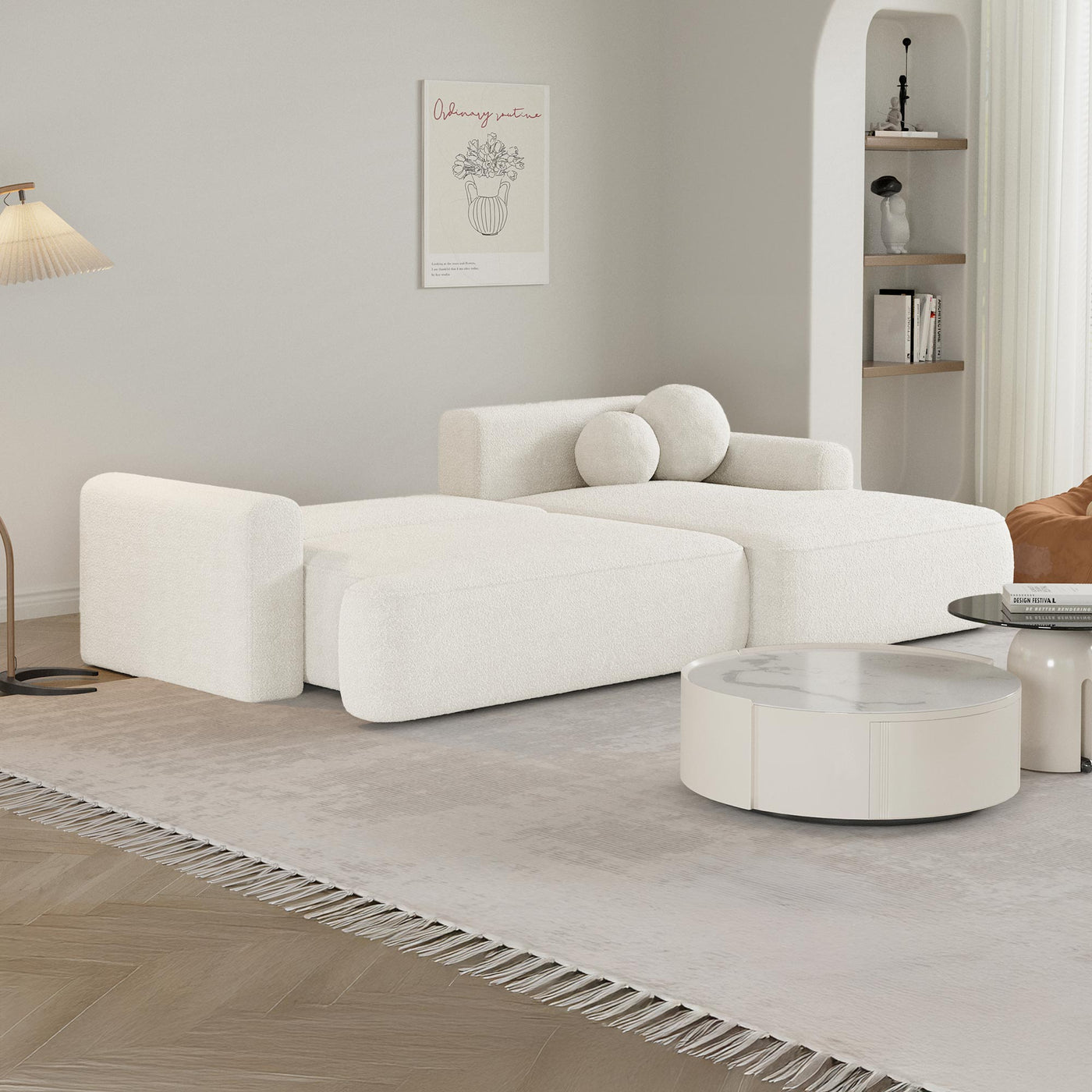 ANAIS Canapé d'angle convertible en tissu bouclette beige - Angle droit - Canapé d'angle convertible - Mobilier Deco