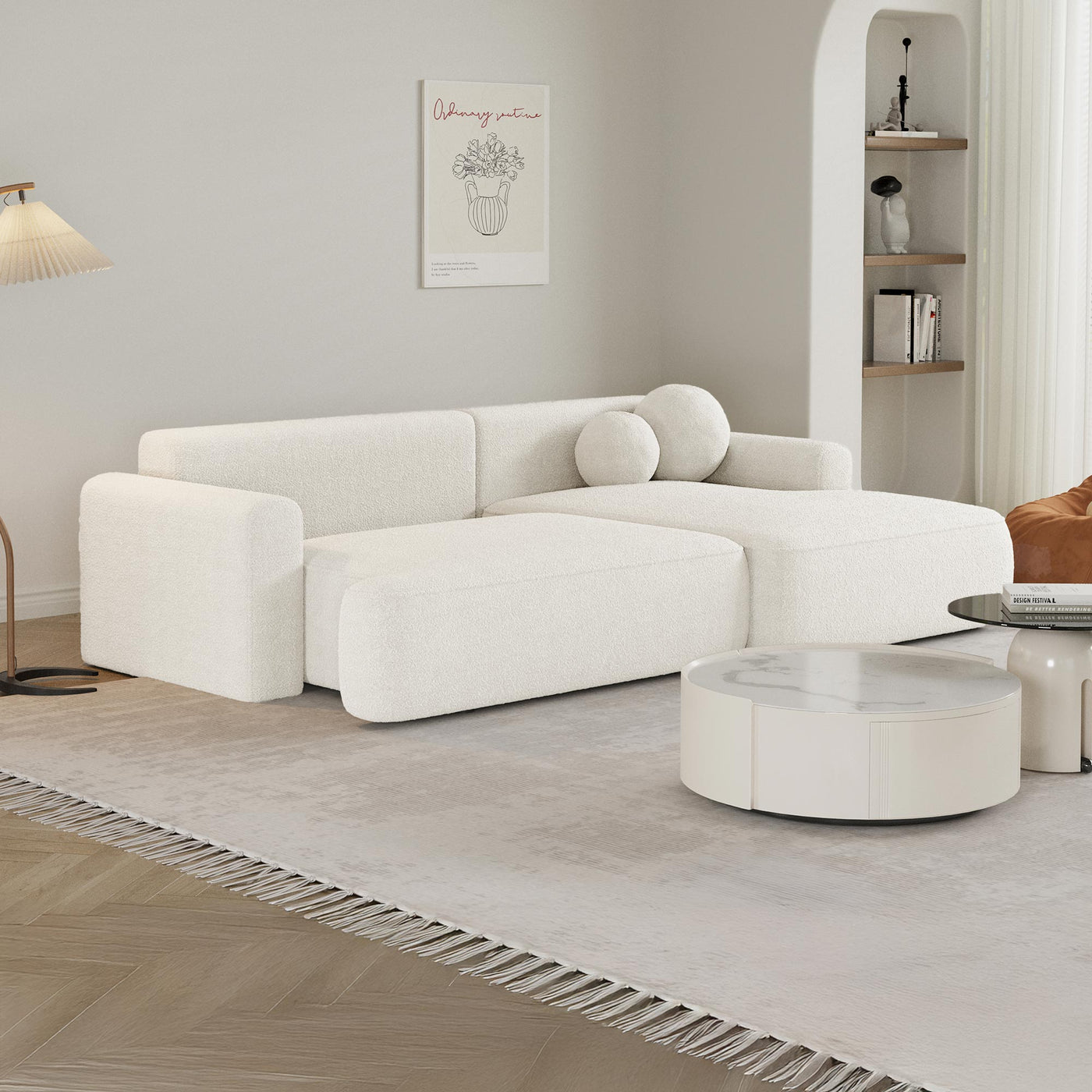 ANAIS Canapé d'angle convertible en tissu bouclette beige - Angle droit - Canapé d'angle convertible - Mobilier Deco
