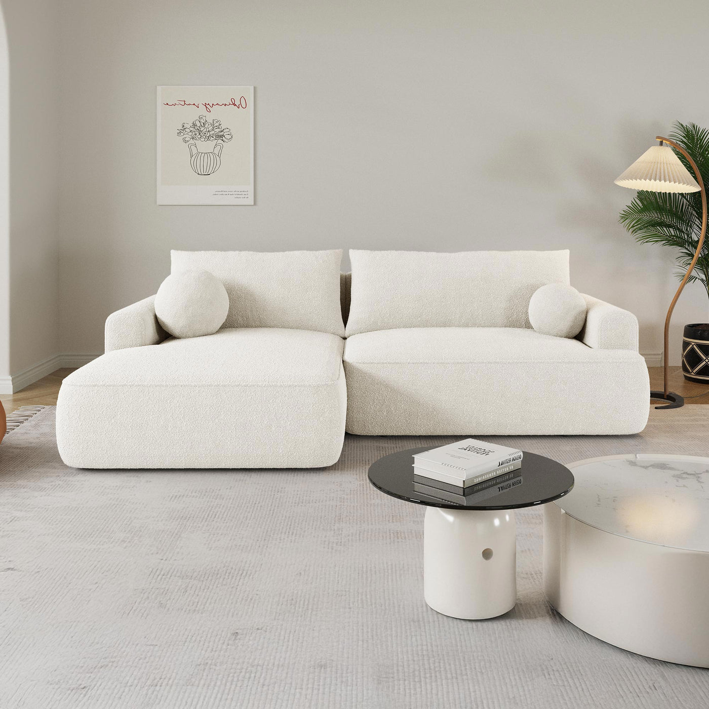 ANAIS Canapé d'angle convertible en tissu bouclette beige - Angle gauche - Canapé d'angle convertible - Mobilier Deco
