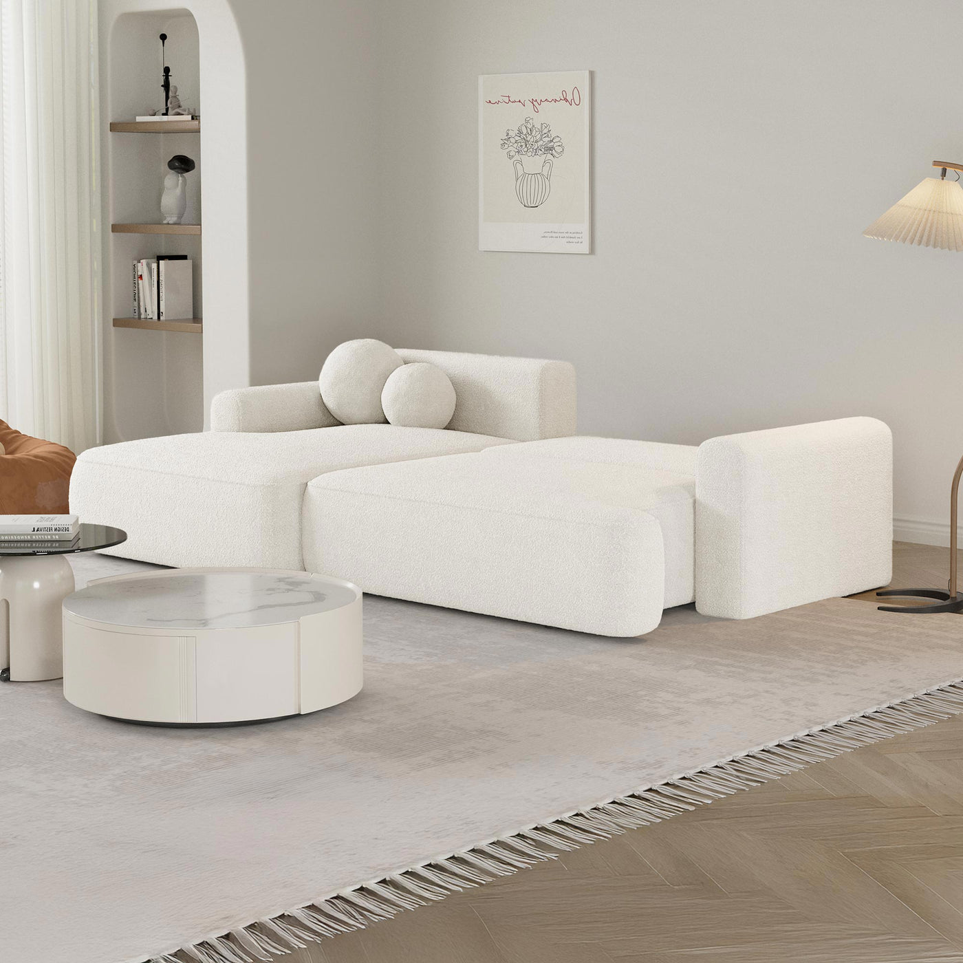 ANAIS Canapé d'angle convertible en tissu bouclette beige - Angle gauche - Canapé d'angle convertible - Mobilier Deco