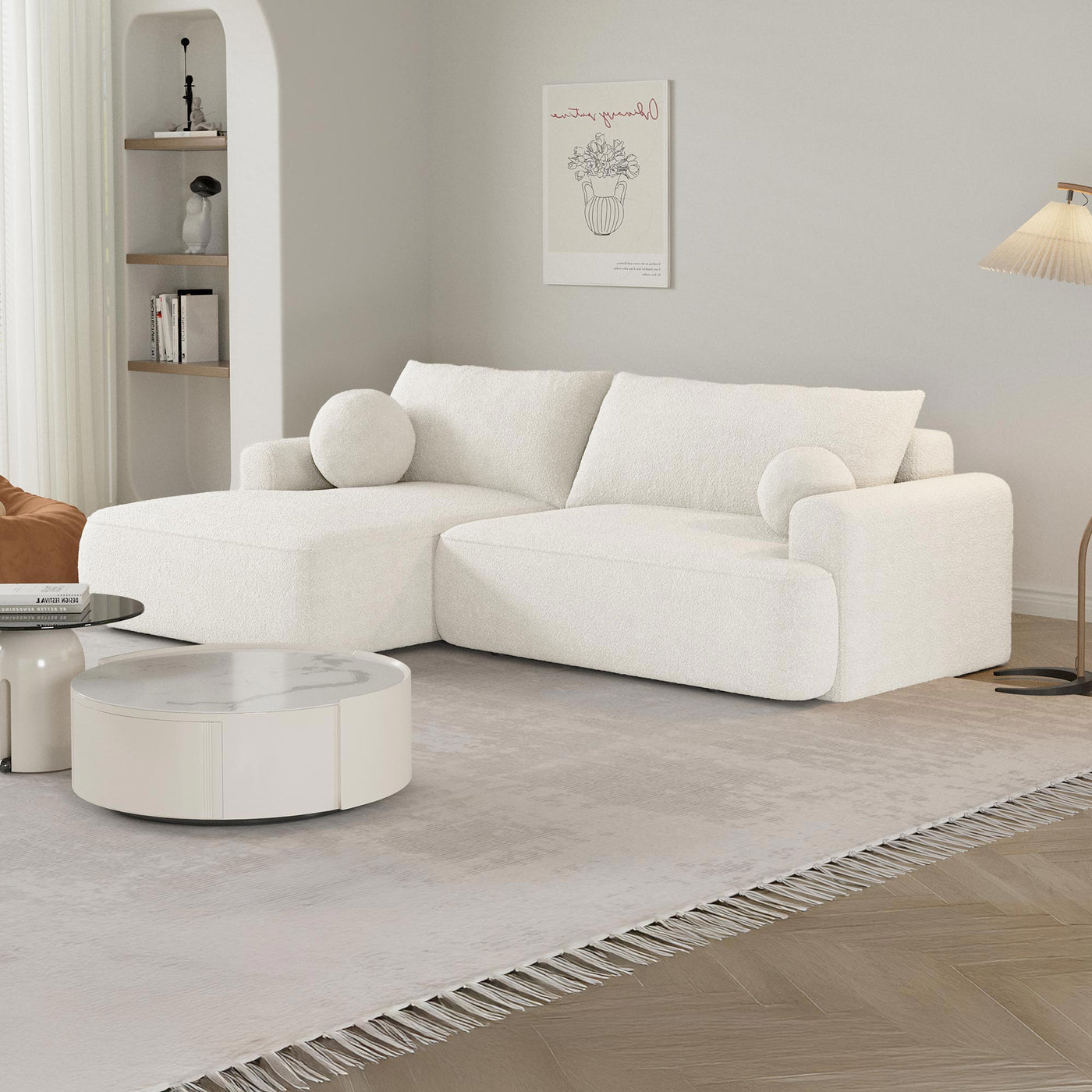 ANAIS Canapé d'angle convertible en tissu bouclette beige - Angle gauche - Canapé d'angle convertible - Mobilier Deco