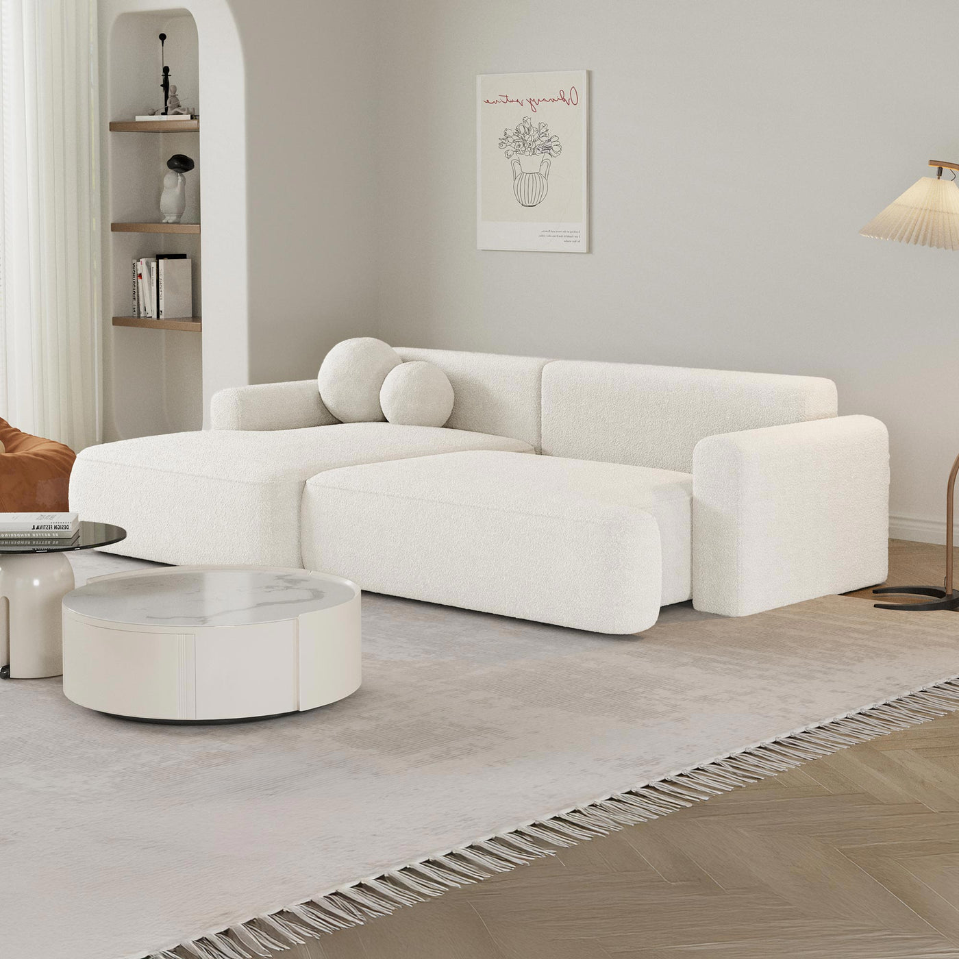 ANAIS Canapé d'angle convertible en tissu bouclette beige - Angle gauche - Canapé d'angle convertible - Mobilier Deco