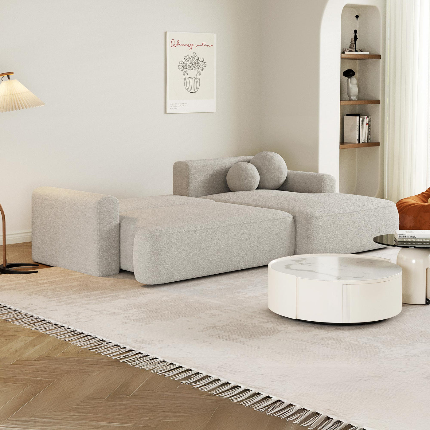 ANAIS Canapé d'angle convertible en tissu bouclette beige foncé- Angle droit - Canapé d'angle convertible - Mobilier Deco