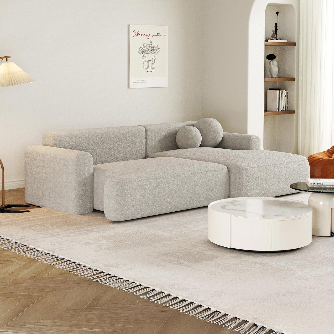 ANAIS Canapé d'angle convertible en tissu bouclette beige foncé- Angle droit - Canapé d'angle convertible - Mobilier Deco